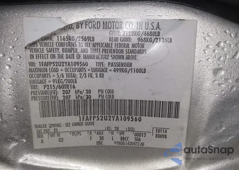 2000 Ford Taurus Lx z USA, uszkodzony, nr VIN 1FAFP52U2YA109560